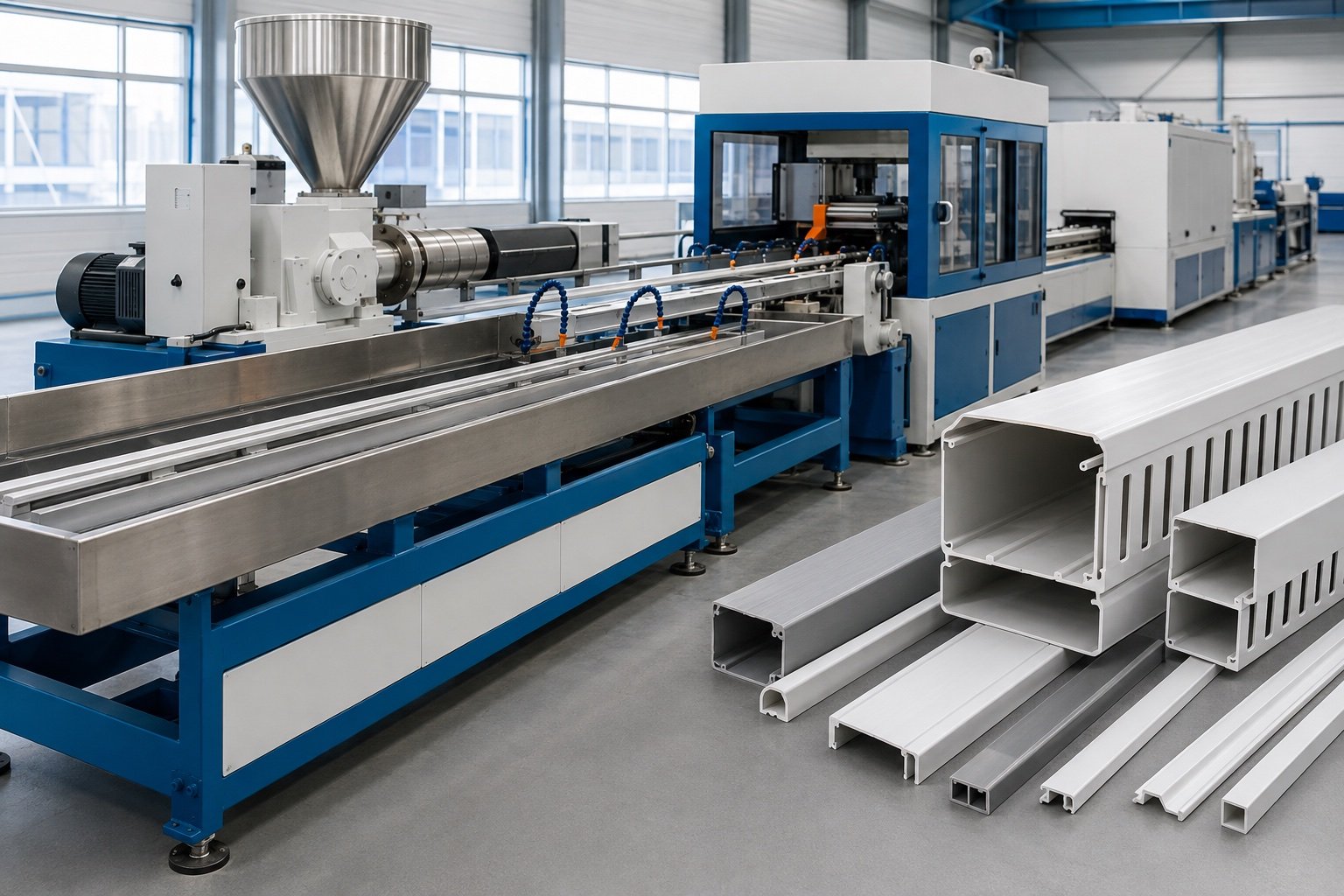 PP PVC profile extrusion line with illustrative cable trunking and technical profile sections