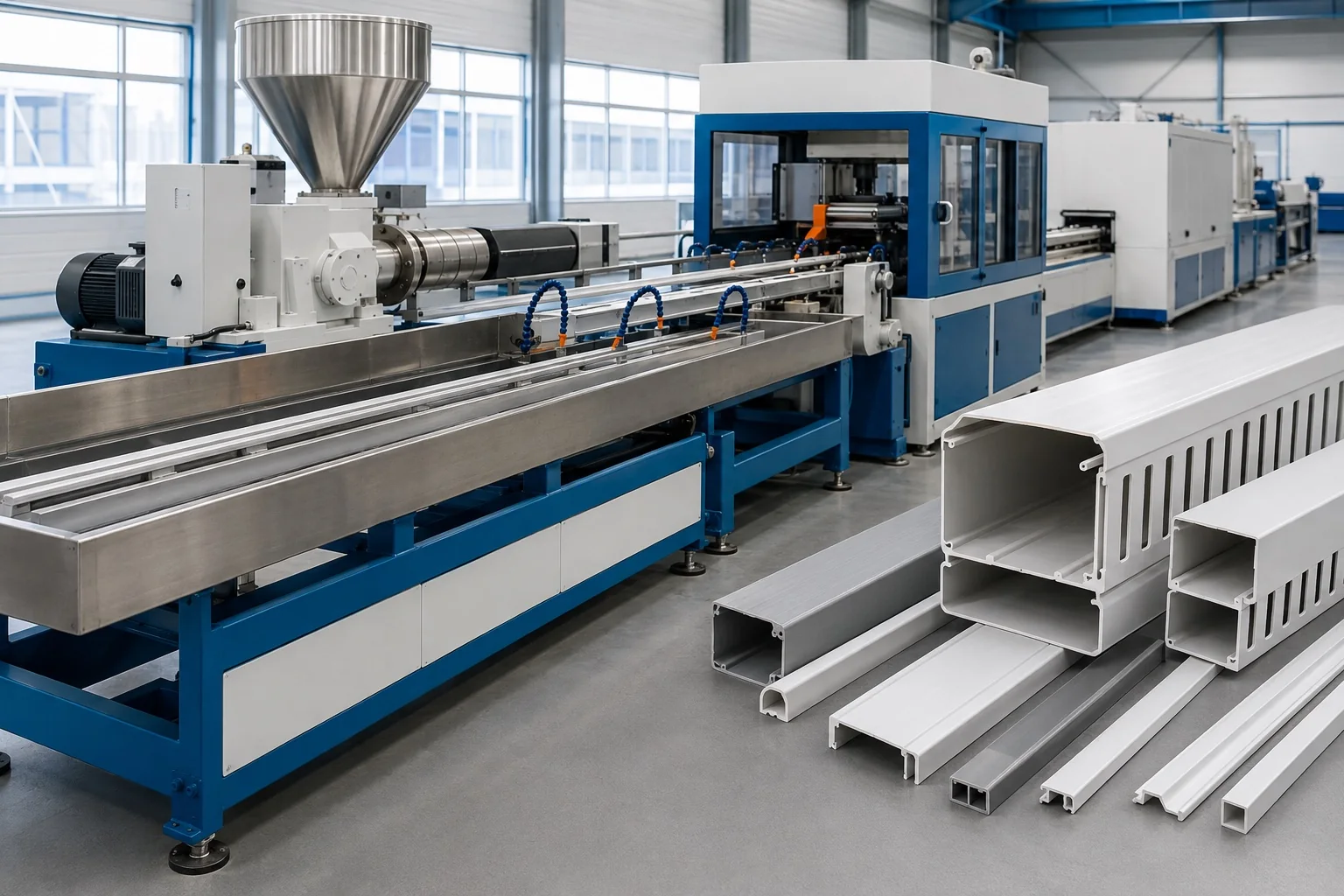 PP PVC profile extrusion line with illustrative cable trunking and technical profile sections