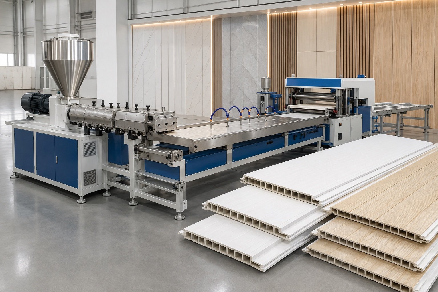 PVC panel production line with illustrative ceiling and wall panel applications