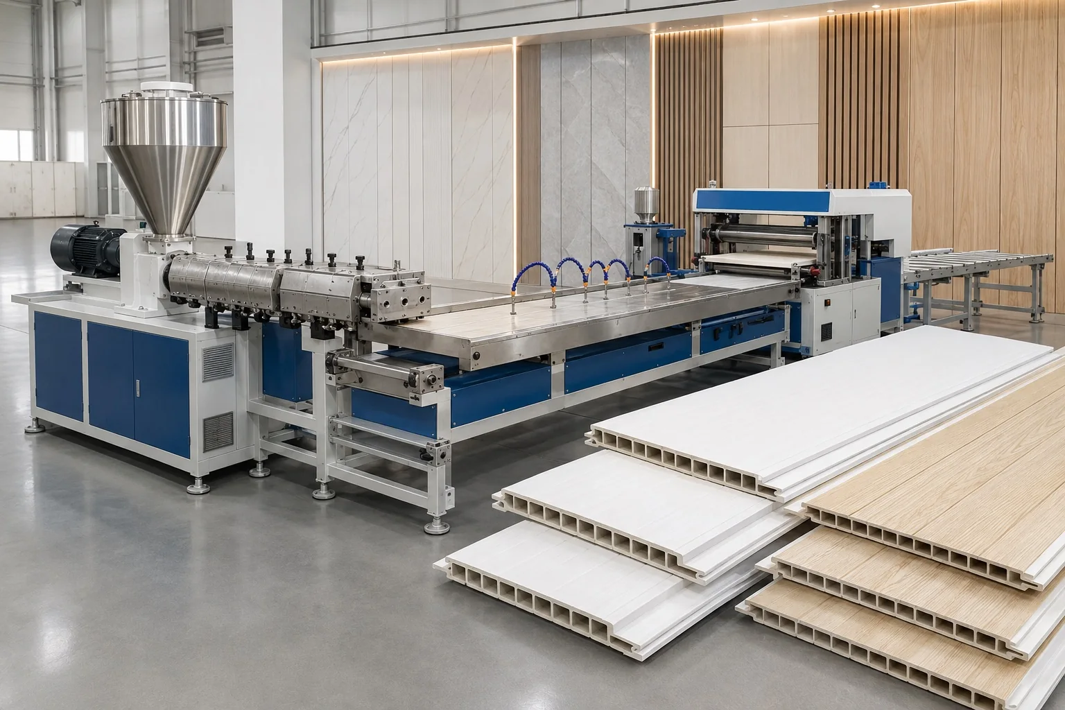 PVC panel production line with illustrative ceiling and wall panel applications