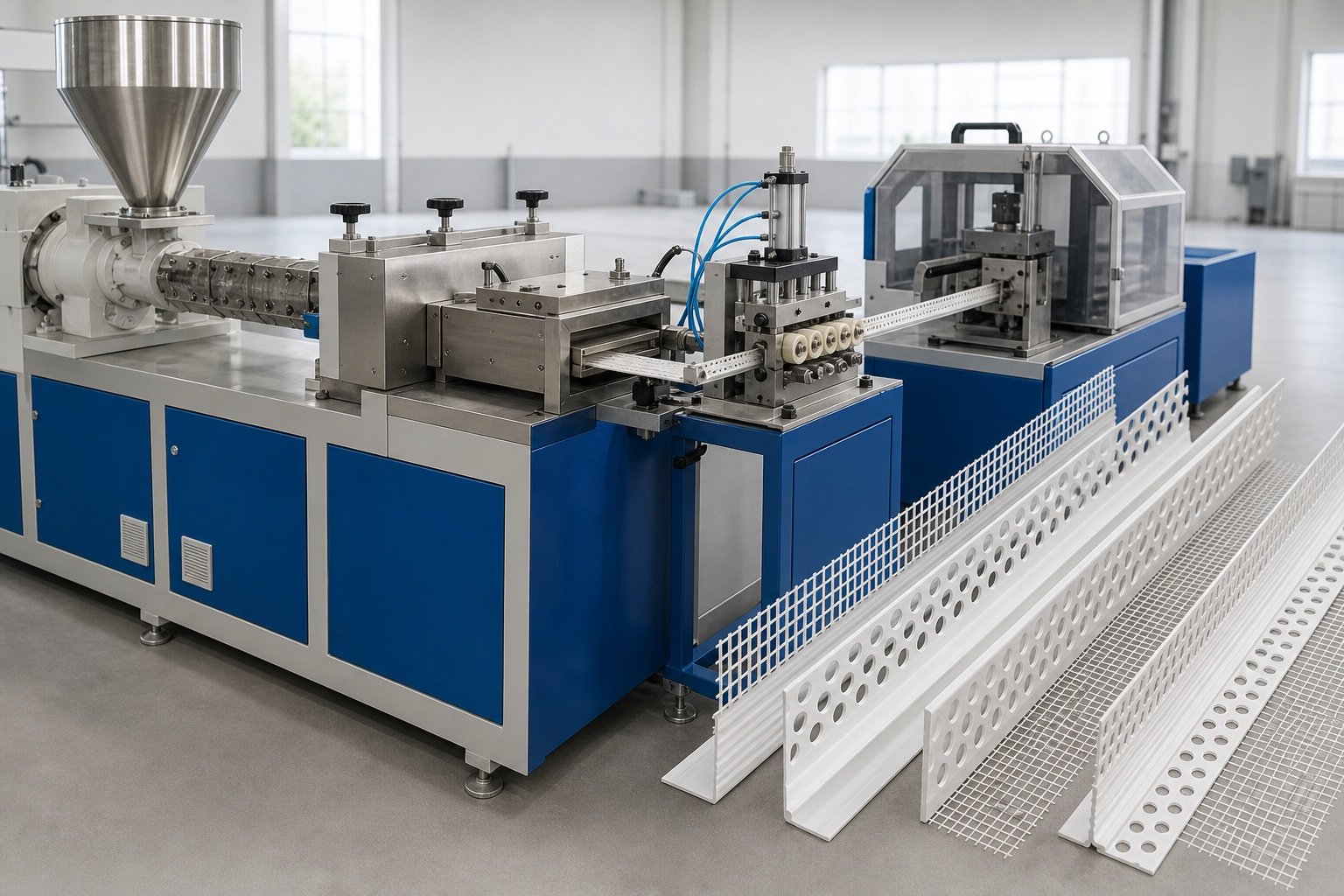 PVC corner bead profile machine with illustrative perforated corner bead products