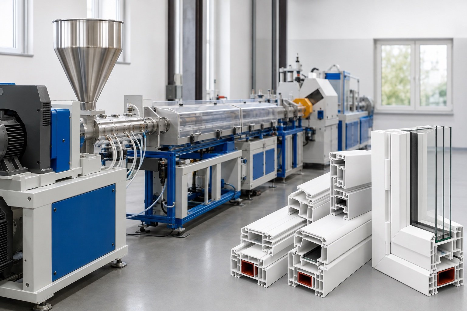 PVC window and door profile extrusion line with illustrative multi-chamber frame sections