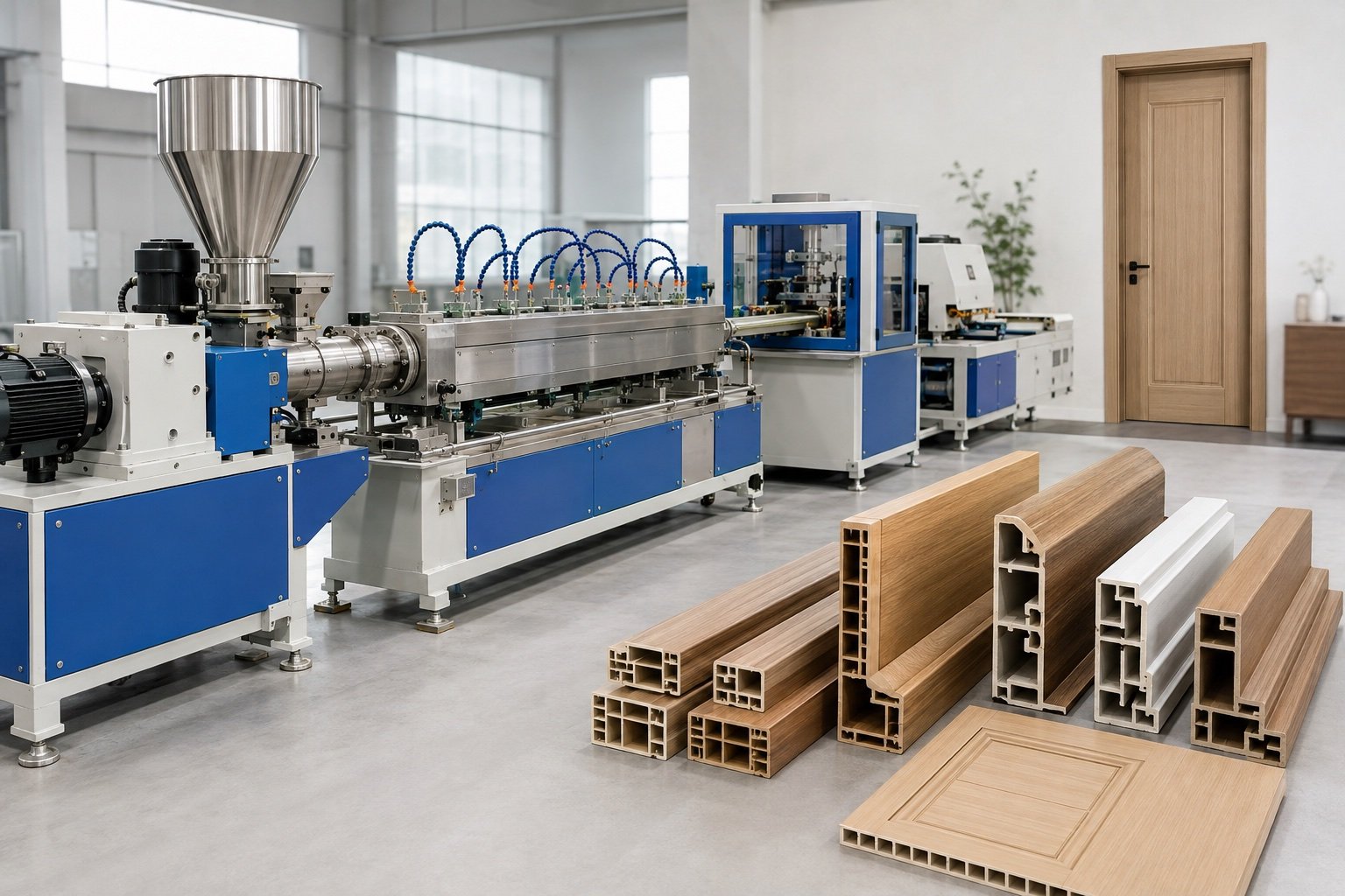 WPC PVC door frame production line with illustrative door and frame profile products