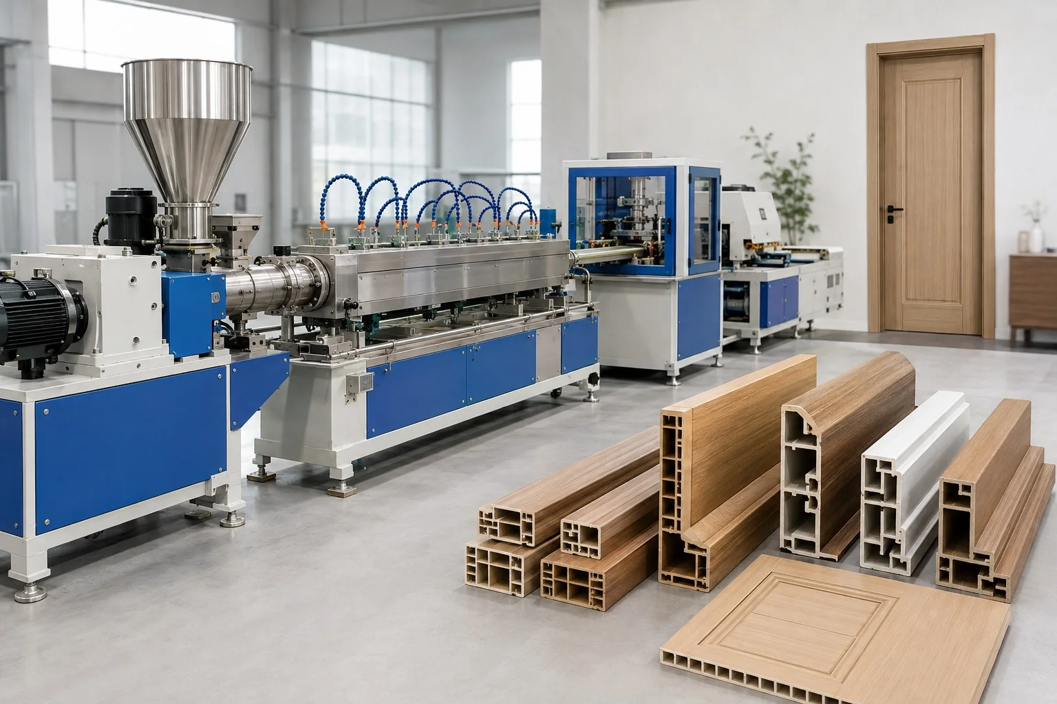 WPC PVC door frame production line with illustrative door and frame profile products