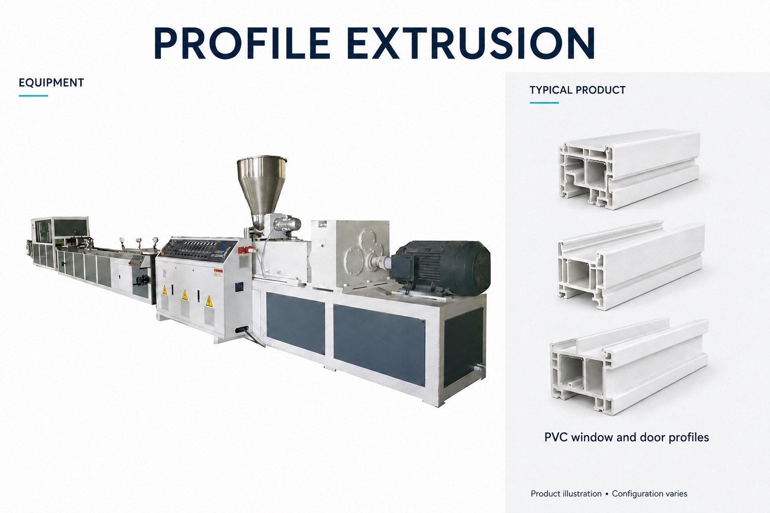 Profile extrusion line with illustrative plastic profile cross-sections