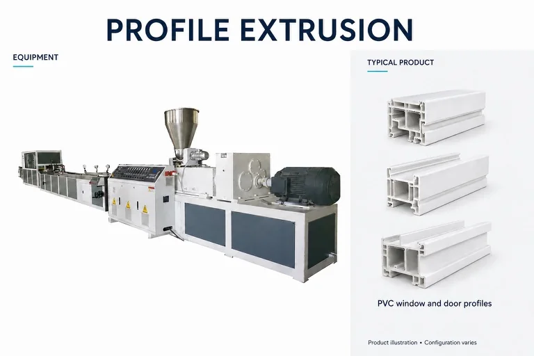 Profile Extrusion Lines with an illustrative product or processed material