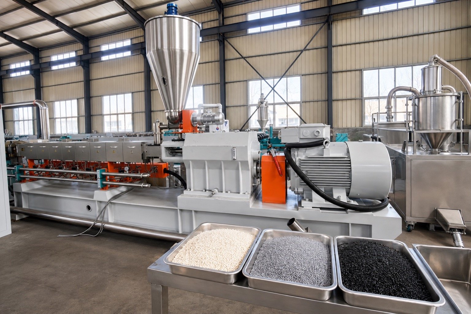 PVC compounding and pelletizing equipment with illustrative natural gray and black compound pellets