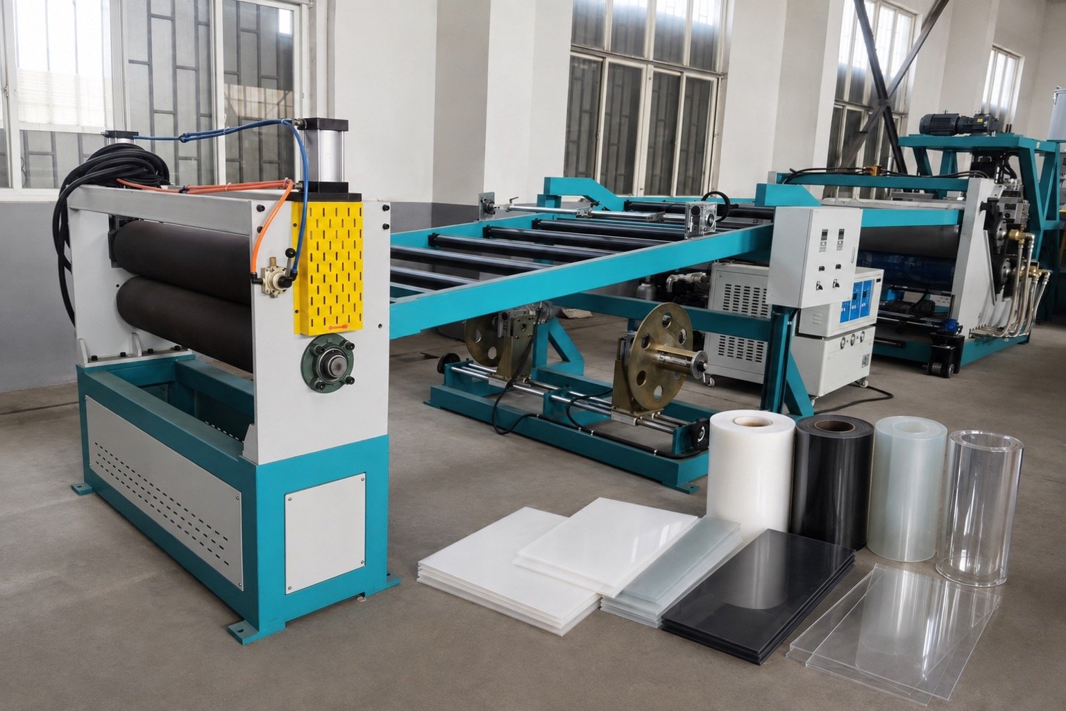 Plastic sheet extrusion equipment with illustrative PP PE ABS PC and PET sheet products