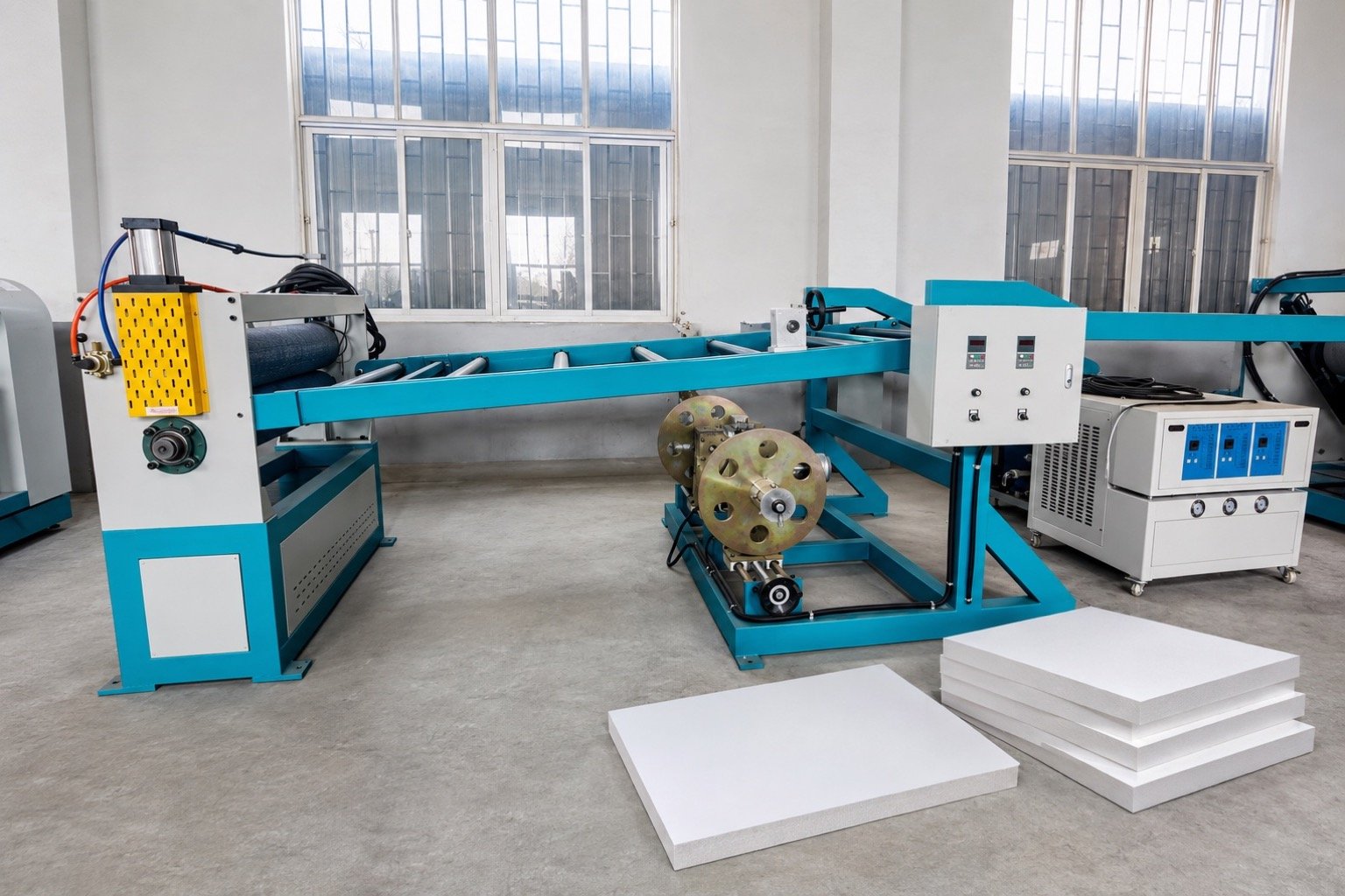 PVC foam board extrusion equipment with illustrative solid white foam board products